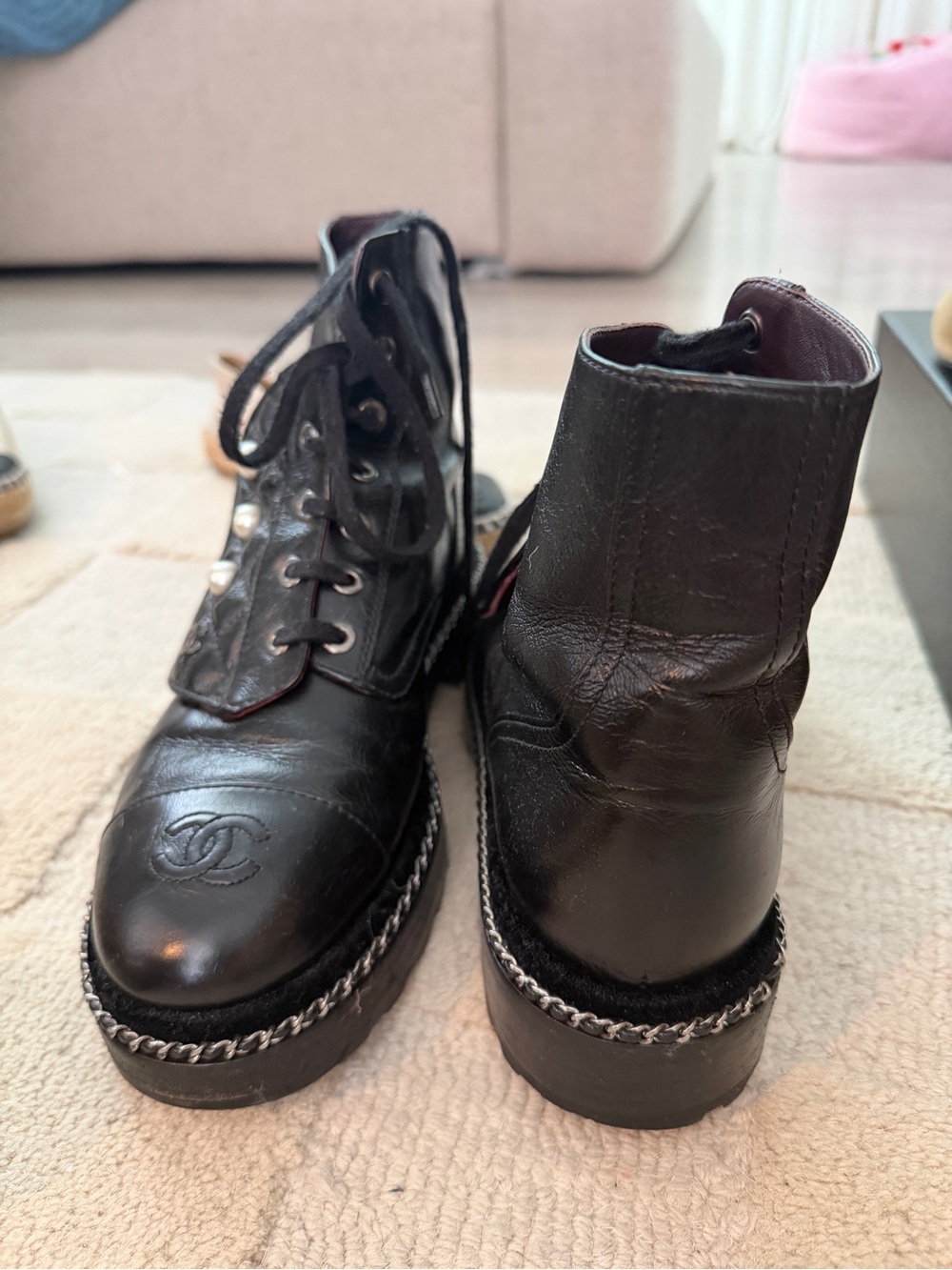 CHANEL Black Leather Platform Lace-Up Chain-Trim Ankle Boots